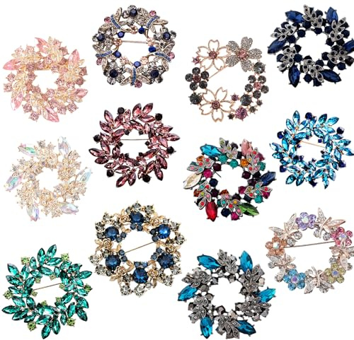 12 pcs Flower Wreath Brooch Set, Diamond-Studded Colored Circle Brooches, Women's Rhinestone Elegance Pins