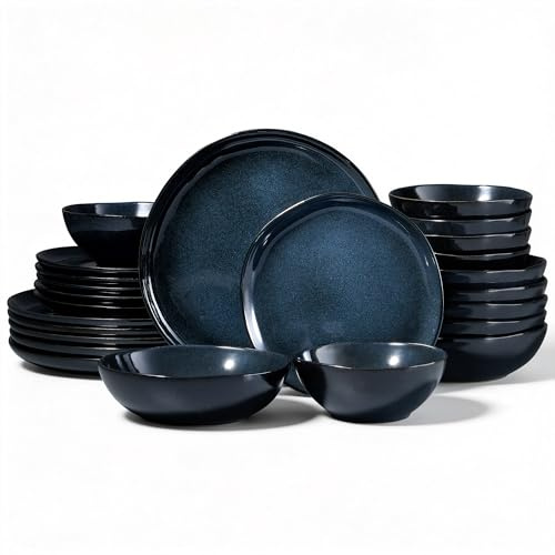 Onader 24 Piece Reactive Glaze Dinner Set for 6 People, Galaxy Blue | Porcelain Dinner Sets, Irregular Round Stoneware Dinnerware Service for 6, Plates and Bowls, Dishwasher & Microwave Safe