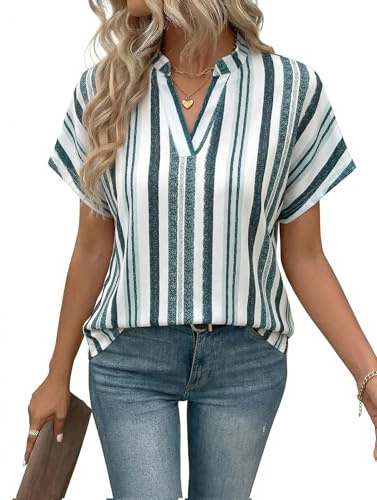 heekpek Chemisier Femme Été Blouse Chic et Élégant Chemise Col V Rayée à Manche Courte Décontracté Ample Haut D'été T-Shirts Tunique Tops