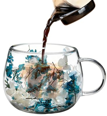 Bicchiere da caffè a doppia parete con fiori secchi, 368,5 g, design con fiori secchi, da caffè trasparente, elegante bicchiere da tè con manico