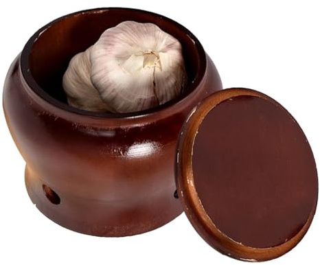 Contenitore per aglio da 6,3 pollici in legno con coperchio, pentola per alimenti | Vaso da cucina - per cipolla, patate, , limone, deposito da cucina, bancone, uso in campeggio a casa