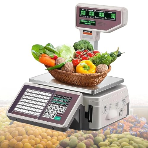 Xjymposium Balance d'impression D'éTiquettes De Codes à Barres, Double éCran LCD, 30kg, Calcul Prix, pour Snacks, éPiceries, Magasins DéTail Et Commerces Alimentaires