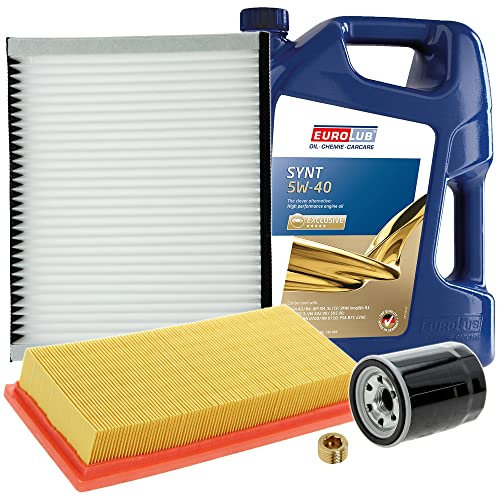 BESTPRICE Inspektionspaket Filterset mit 1x Ölfilter; 1x Luftfilter; 1x Innenraumfilter; 1x Ölablassschraube; 1x Motoröl 5W-40 EUROLUB SYNT SAE 5 l, KOMPATIBEL MIT - FIAT PANDA (169_)