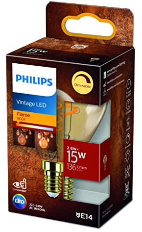 Philips Classic: LED ljuskälla, 15W, E14, P45, Litet klot, Guldfärgat glas, 1800 kelvin, dimbar