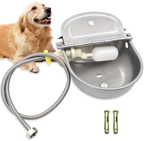 Stainless Steel Automatic Livestock Waterer Dog Waterer Bowl Upgraded Bottom Drain Hole with Water Hose (3/4'') and Float Valve and Two Expansion Screws, for Cattle Horse Goat Sheep Animals Pet