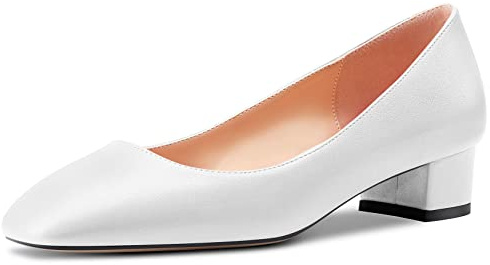 HEUIVZAR Femmes Talon Heel Escarpins Carré Bout Kitten Bas Chunky Bloc Talon Heel Slip-on Matte Dress Chaussures Mariée Vacances Blanc 3.5 CM 42 EU