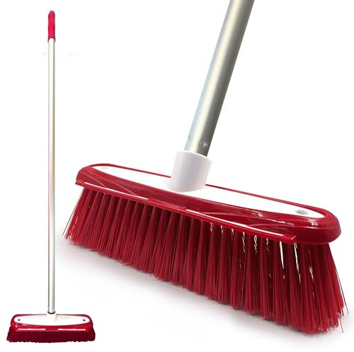 Colour-Coded Soft Broom Indoor Sweeping Broom with Stainless Steel Handle and Built-In Scraper, Sweeping Brush Indoor with Long Handle for Domestic and Commercial Use (Red)