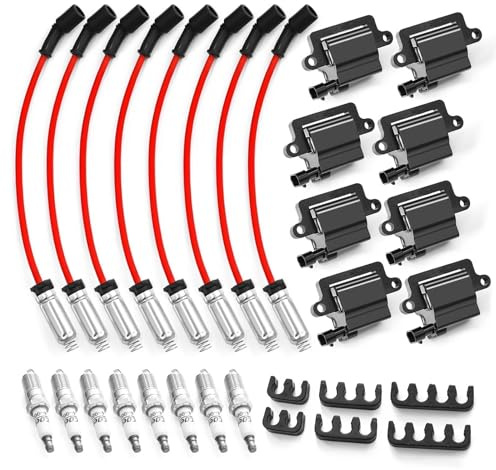 Yunnergo 8 Pack Square Ignition Coil D581 UF-271 & Iridium Spark Plug Wire M8-48322R Compatible with Silverado 1500 2500 3500 4.8L 5.3L 6.0L 8.1L 1999-2007 12556893 12558693 12570553 3859078 38590782
