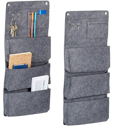 Relaxdays Hängande Organizer, set om 2, 4 fack, 2 krokar, H x B): 65 x 30 cm, badrum, hall, kontor, arrangör för hängning, filt, grå
