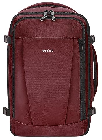 ECOHUB 30L Mochila 45x36x20 Easyjet, Mochila Viaje Cabina Avion con 13 Bolisillos, Debajo del Asiento Mochila Equipaje de Mano, Pet Reciclada Bolsa de Viaje Hombre Mujer, Patentado(Rojo)