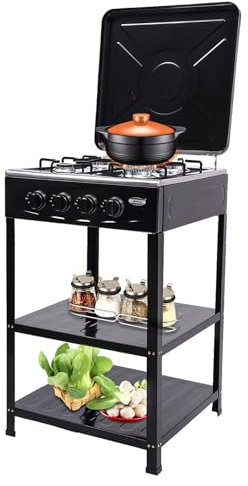 4 Burner Gas Stove Portable Outdoor Stove with Removable Storage Stand, Heavy Duty Stainless Steel Propane Gas Cooker with Wind Blocking Cover for Camping Picnic Home RV Cooking (no hose)