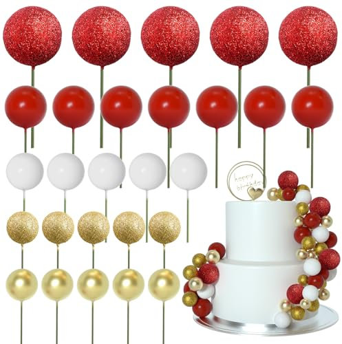 ASTARON 50 Pcs Ball Cake Topper Sticks Mini Balloons for Cake Decorating Supplies Foam Balls Cake decorations for Wedding Cake Birthday Cake Toppers Decorations (Gold，Red Series)