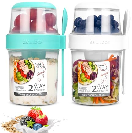 SinLaw 2 stycken müSlimugg to go, yoghurtkopp för resor med sked, yoghurt att gå kopp, dubbla lager läckagesäker yoghurtkopp, salladsmugg (vit + grön (310 ml + 560 ml)