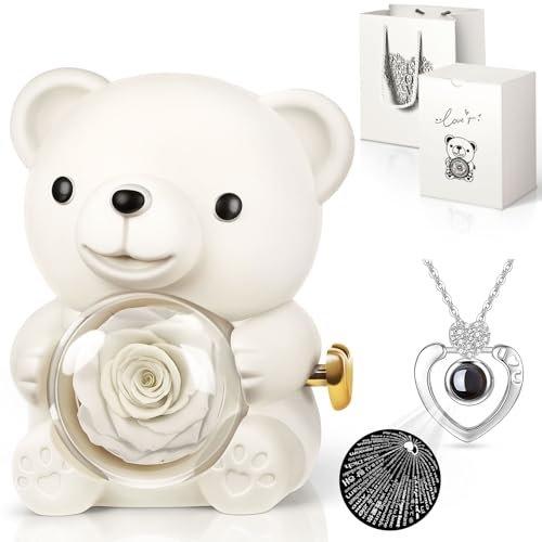 Hnustbo Rose Eternelle avec Collier I Love You, Nounours Ours en Rose Idee Cadeau pour Femme Mère Maman Amie, Cadeau Fete des Meres, Cadeau Saint Valentin Femme Cadeau Original Noel Anniversaires