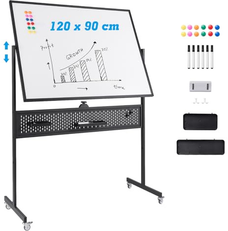 COSTWAY Tableau Blanc Effacable sur Pied 120 x 90 cm, Double Face, Tableau Blanc Roulette, 2 Hauteur Réglables, Cadre en Métal, Panneau Perforé, 12 Aimants, Grand Tableau Blanc Magnetique (Noir)