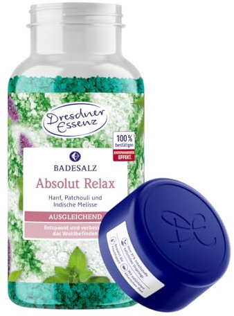 Dresdner Essenz Badesalz Absolut Relax 600g | entspannt und verbessert das Wohlbefinden | Badekristalle mit ätherischen Ölen aus Hanf, Patchouchli und Indischer Melisse