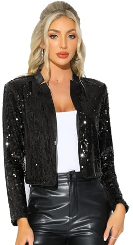 Allegra K Kort kavaj med paljetter, fest, långärmad, öppen framsida, glittrande glitter för halloweenfest, Svart, S
