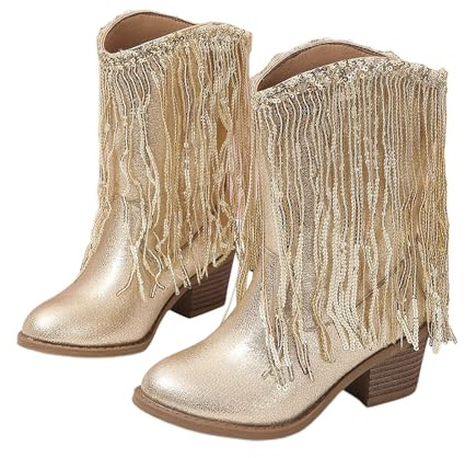 Bottes de cowboy à paillettes mi-mollet pour filles - Bout pointu - Chaussures d'équitation western avec pompons à paillettes - Talon bas - Automne et hiver - Bottes tendance en cuir, doré, 34 EU