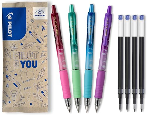 PILOT - Set di 4 G2 Bubble + 4 Ricariche - Penne roller in gel ricaricabili e retrattili - Comfort di scrittura eccellente - Viola, Verde, Turchese, Bordeaux - Inchiostro blu - Punta media