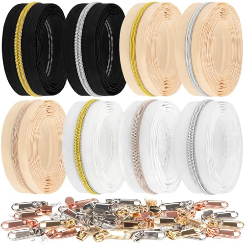 DOITEM #5 Silver Gold Black 16m Metallic Nylon Coil Zippers by The Yard Bulk Black White Khaki with Sliders for DIY Sewing Tailor Craft Bags