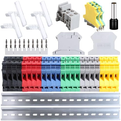 Shengbowi Terminal Block Rail Type Voltage Combined Block DIN Blocks Kit DK2.5N Connectors 12-22 AWG Gauge Ground Blocks Jumpers Brackets 600V Covers Grey