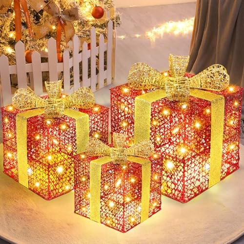 RDDAIPE Boite Cadeau Lumineux Noel, Lot de 3 LED Décoration Lumière Boîtes Cadeaux avec Noeud et 60 LED pour Décoration de Noël,Cheminées,Fêtes,Mariages