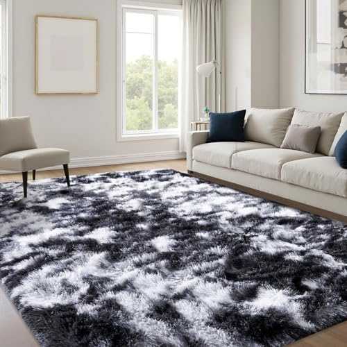 JOYARR Grand Tapis Salon Poils Longs, Doux Lavable Antidérapant Moderne pour Chambre Bureau Salle à Manger, 160x230 cm, Tie-Dye Noir et Blanc