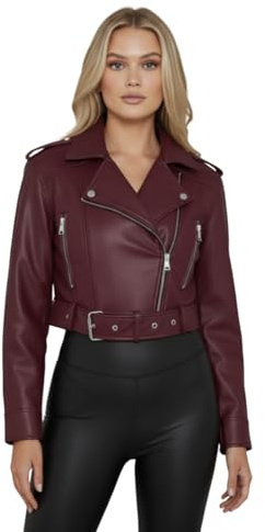 kraftd Women Faux Leather Jacket Short Coat Outerwear Long Sleeve Zipper Cropped Biker Jacket With Belt Comfortable & Stylish Coats Luxury Clothing Cropped Leather Motorcycle Jackets