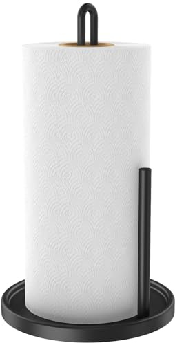 Paper Towel Holder Countertop, Freestanding Paper Towel Roll Holder with Weighted Base, Stainless Steel Standing Papertowel Holder for Kitchen, Matte Black