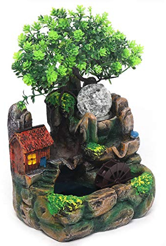 Fontana Decorazione Interna Fontana Tavolo LED Cascata, Resina Qualità, Relax Zen, per Soggiorno Camera Caffè, con Pesci Piante, Altezza 20 cm