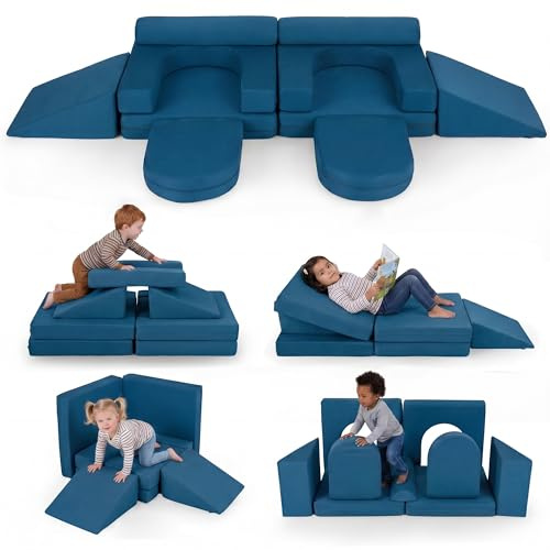 LIFEZEAL Divano Modulare per Bambini, Set di 10 Blocchi di Costruzione in Schiuma con Diverse Forme, Divano da Gioco Convertibile con Fodere Lavabili in Lavatrice per Bmabini 3+ Anni (Blu)