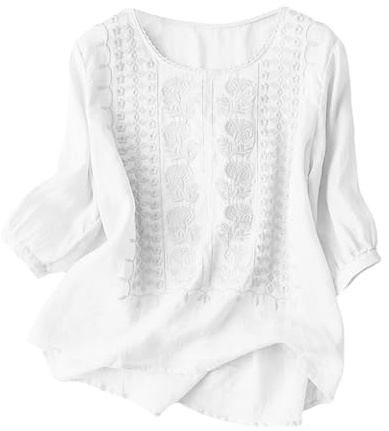 Blusa de Lino para Mujer con Bordado Floral Detallado, Manga Corta Abullonada y Cuello Redondo, Diseño Holgado y Transpirable, Prenda Elegante, Estilo Casual Bohemio Ideal para Primavera