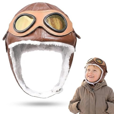 Vervora Kids Aviator Hat with Goggles, Faux Leather Fur Lined Winter Pilot Style Cap, Children’s Warm Dress-Up Accessory for Photos and Themed Outfits (Brown Pilot)