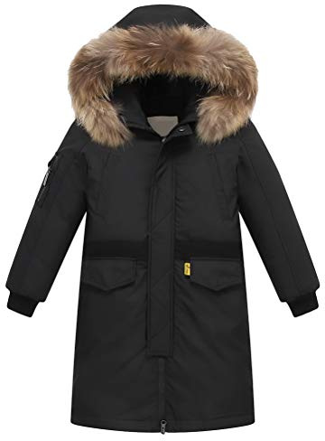 FTCayanz Enfant Garçon Manteau d'hiver Chaud Blouson Mi-Longue Doudoune avec Capuche Fourrure Epais Parka Noir 10-11 Ans/Hauteur 140-150cm