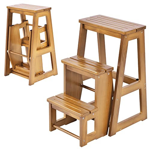 GIANTEX Taburete Escalera Plegable de Madera con 3 Peldaños, 57 x 38,5 x 66 cm, Escalera Silla Plegable Multifuncional para Ahorrar Espacio, Escalón para Baño, Cocina (Marrón Claro)