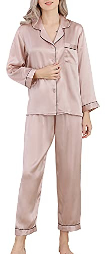DISSA Damen 100% Seide Langarm Capri-Hose Pyjama Set,Beige,44