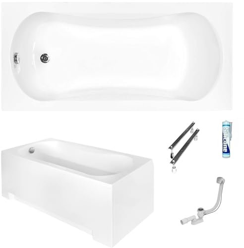 ECOLAM Baignoire rectangle Aria 150x70 cm | tablier en acrylique | pieds siphon + silicone | Baignoire acrylique blanc | set complet baignoire rectangulaire