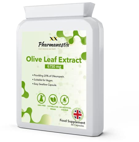 Pharmanostix Olive Leaf Extract Supplement 60 Vegan Capsules (not Tablets) - Whole Leaf 6750mg with 20% Active Oleuropein - Easy Swallow Capsules - UK Manufactured to GMP Standards