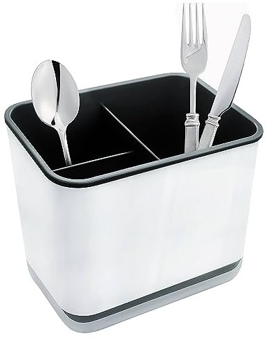 XFLYP Egouttoir à Couverts, Fourchette Cuillère Organisateur Rack Avec 3 Compartiments avec Égouttoir, pour Couteau et Fourchette, Cuillère, Panier de Séchage pour évier (Noir)