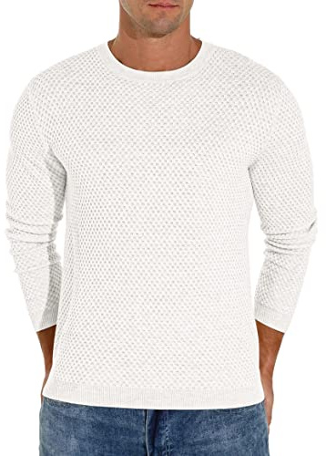Hisir Pulls Homme Tricotés Hiver Chauds Décontractés Gaufrés Légers en Laine Sweaters Hauts Manches Longues Tricot Pullover Pull pour Hommes, 02 Blanc, XL