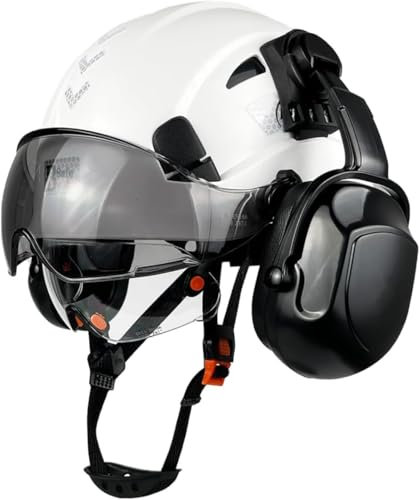 HaoYiShang Casque de sécurité industriel avec visière, casque de protection auditif, ventilé, approuvé OSHA, construction Hardhats, protection de la tête de travail, casque de protection blanc