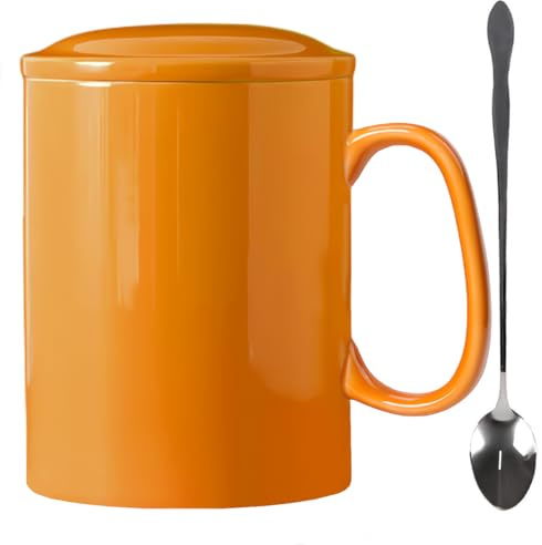 KOPYFANTAP Stor mugg 1000 ml, extra stor keramisk kaffekopp med lock och sked mugg keramik med stort handtag för kontor och hem, orange