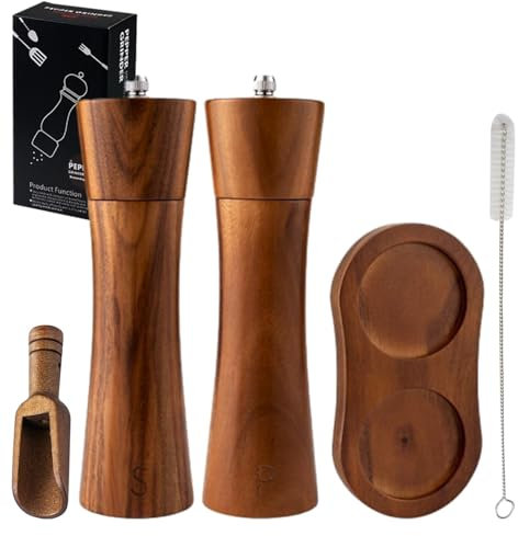 Juego de 2 molinillos de sal y pimienta de madera, molinillo manual de especias con mecanismo de cerámica, molinillo de pimienta y sal con plato, ajustable para especias, pimienta, sal, altura 20 cm