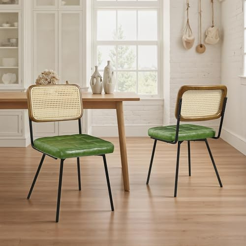 Zouron - Silla de Comedor de ratán (2 Unidades), diseño Moderno de Mediados de Siglo con Patas de Metal,Silla de Cocina con Respaldo de ratán,Silla de Cuero tapizado,Verde