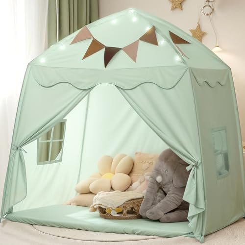 Extra Large Toddler Play Tent & Kids Tent Play Tents with Flags & Star Lights, Portable & Foldable Teepee, Bed Canopy for Boys & Girls, Indoor Outdoor JoyHut Dome Tents Playhouse, 59x39x59 in,Green