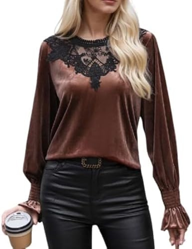 Women Crewneck Loose Long Sleeve Lace Sexy Velvet Shirts-Elegant Casual Retro Velvet Lace Blouse Relaxed Fit Tunic Tops for Party Wear Holiday (XL) Brown