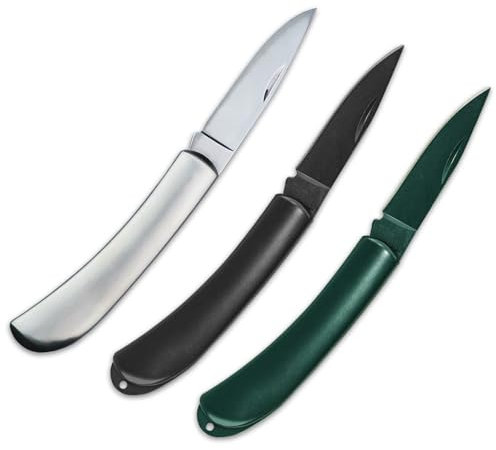 LLHQAMT Stainless Steel Foldable Fruit Knife Set, Small and Easy to Carry, Foldable Fruit Knife Suitable for Most Types of Vegetables and Fruits, Pack of 3 (Black, Green, Silver)