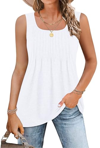 WNEEDU Camiseta de Verano Sin Mangas para Mujer Blusas Sexy Elegantes Loose Fit Tallas Grandes Cuello Cuadrado Camisa Suelta Top Casual T-Shirts Blanco 2XL