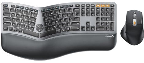 ProtoArc EKM01 Plus - Teclado ergonómico y mouse inalámbrico Bluetooth Ergo de tamaño completo, reposamanos acolchado, diseño dividido, recargable, compatible con Windows, Mac OS, gris y negro