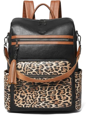 Shrrie Sac à dos ordinateur portable femme 15,6 pouces grand cuir bi-Noir avec Leopard